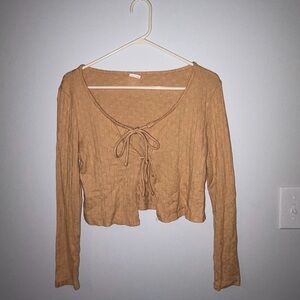 No Boundaries Camel Tie-Front Ribbed Long Sleeve Top
